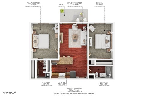 A floor plan of a small apartment with a main floor and a loft.